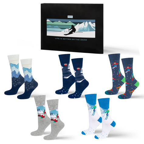 5 Paare von lustige Socken mit Skifahren-Motiv in einzigartiger Verpackung | Damen-/Herrensocken | SOXO