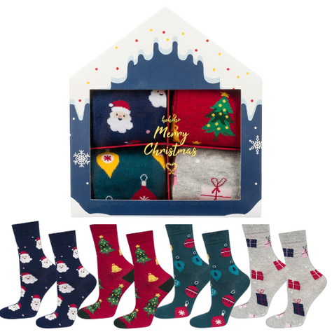 4 Paar von lustigen Socken mit Weihnachtsmotiv in einzigartiger Verpackung | Damensocken | SOXO