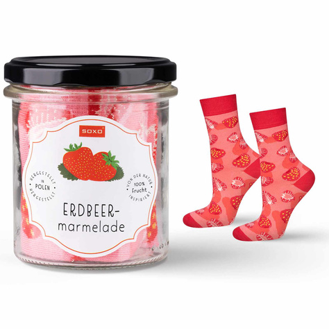 1 Paar von lustigen Socken mit Erdbeer marmelademotiv im eine Glas | Damensocken | SOXO