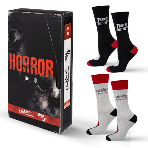 2 Paar von lustige Socken mit Horrorfilm Motiv in einzigartiger Verpackung | Damen-/Herrensocken | SOXO