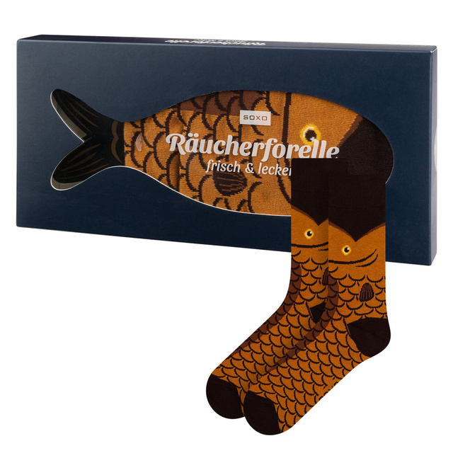 1 Paar von lustigen Socken mit Räucherterforellemotiv in einzigartiger Verpackung | Herrensocken | SOXO