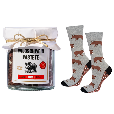 1 Paar von lustigen Socken mit Wildschwein-Pastete Motiv im Glas | Herrensocken | SOXO