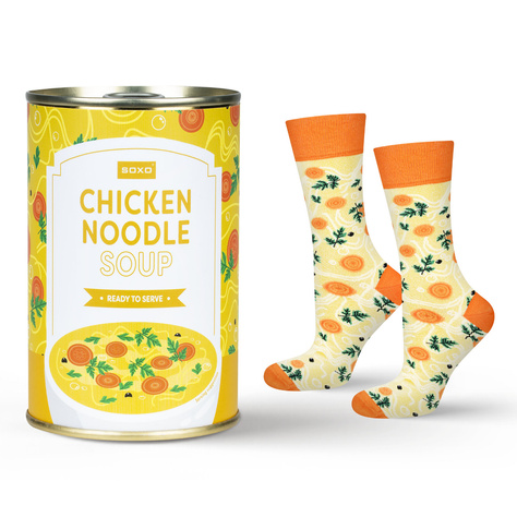 1 Paare von lustigen Socken mit Chicken Noodle Suppenmotiv in einzigartiger Verpackung | Damen-/Herrensocken | SOXO