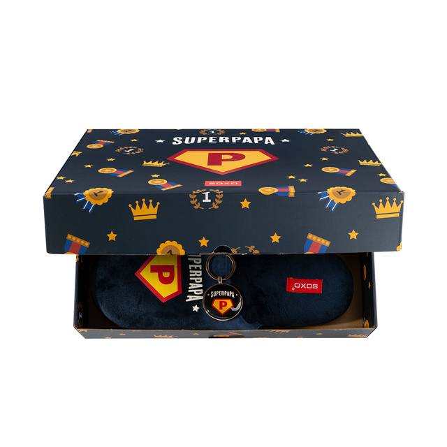 Set Herren-Hausschuhe SuperPapa-Motiv + Schlüsselanhänger