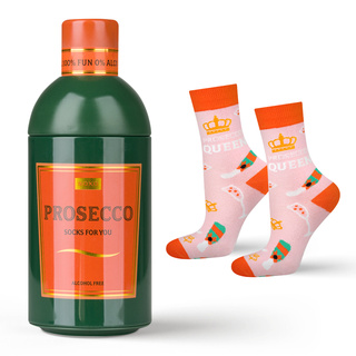Socken mit Prosecco-Motiv in Flaschenverpackung