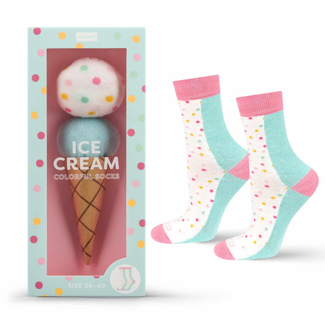 1 Paar von lustigen Socken mit Eiscrememotiv in einzigartiger Verpackung | Damensocken | SOXO