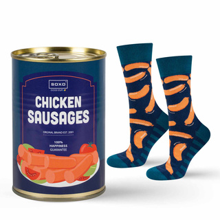 Socken mit Chicken-Sausages-Motiv in Dose