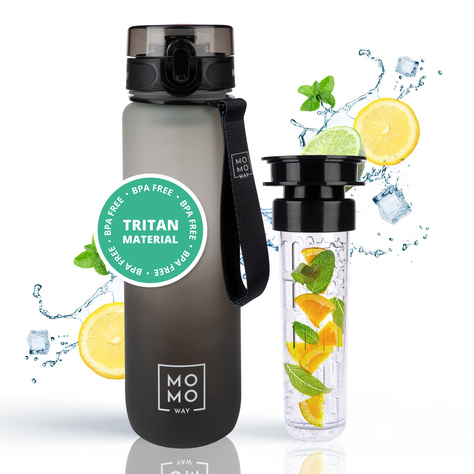 Wasserflasche mit Fruchteinsatz, grau-schwarz, für Kinder und Erwachsene | BPA free | Tritan | MOMOWAY