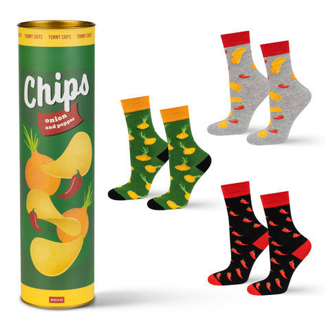  3 Paar von lustigen Socken mit Chipsmotiv in einzigartiger Verpackung | Damen-/Herrensocken | SOXO