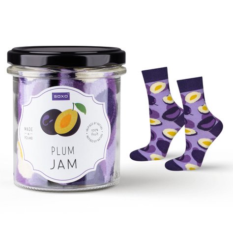 1 Paar von lustigen Socken mit Plum jammotiv im einem Glas | Damensocken | SOXO