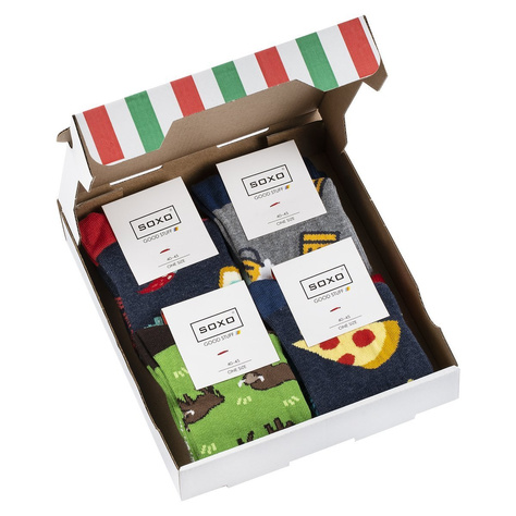 SOXO Set 4 Herrensocken in der Pizzabox | Geschenkbox