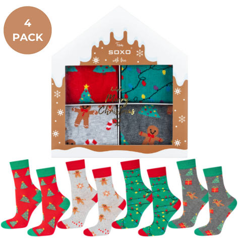 4 Paar von lustigen Socken mit Weihnachtsmotiv in einzigartiger Verpackung | Damensocken | SOXO