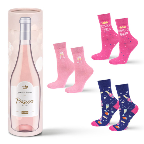  3 Paar von lustigen Socken mit Proseccomotiv in einzigartiger Verpackung | Damensocken | SOXO