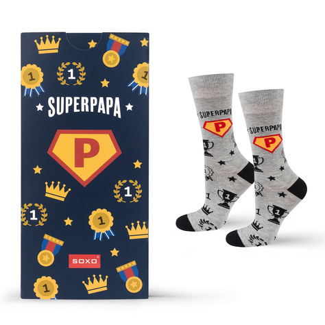  1 Paare von lustigen Socken mit der Aufschrift „SuperPapa“ in einzigartiger Verpackung | Herrensocken | SOXO