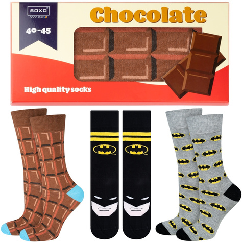 3x Set Bunte Herrensocken SOXO | Schokoriegel | Batman-DC-Comics | Geschenk für ihn