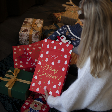 Damensocken Set SOXO Schokoriegel und Weihnachts Wärmflasche Pinguin | Weihnachtsgeschenk