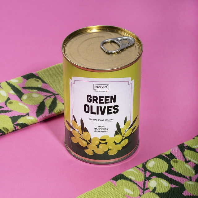Socken mit Green Olives-Motiv in Dose