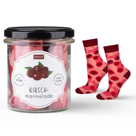 1 Paar von lustigen Socken mit Kirschmar marmelademotiv im eine Glas | Damensocken | SOXO