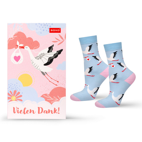 1 Paar von lustigen Socken mit Storchmotiv in einzigartiger Verpackung | Geschenk für die Hebamme | Damensocken | SOXO