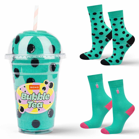 2 Paar von lustigen Socken mit Bubble Tea Motiv in einzigartiger Verpackung | Damen-/Herrensocken | SOXO