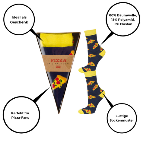 1 Paare von lustigen Socken mit Pizzamotiv in einzigartiger Verpackung | Damen-/Herrensocken | SOXO