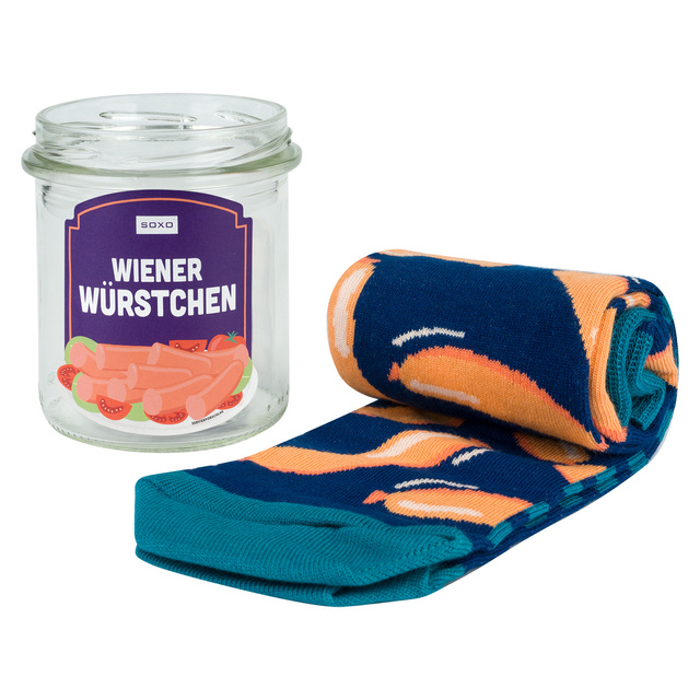 1 Paar von lustigen Socken mit Wurst im einem Glas | Damen-/Herrensocken | SOXO