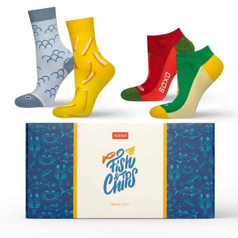 2 Paar von lustigen Socken mit Fisch und Chips motiv in einzigartiger Verpackung | Damen-/Herrensocken | SOXO