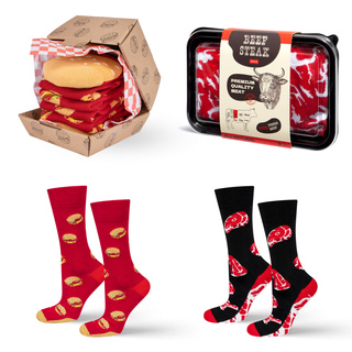 Set aus Steaksocken und Hamburgersocken in einer Box