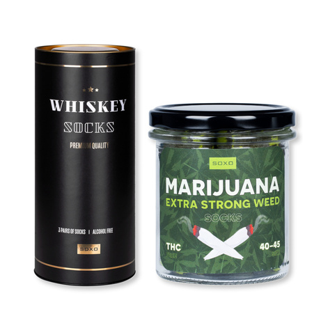 4x Set SOXO Herrensocken | Whisky in einer Tube | Marihuana in einem Glas | als Geschenk für Ihn