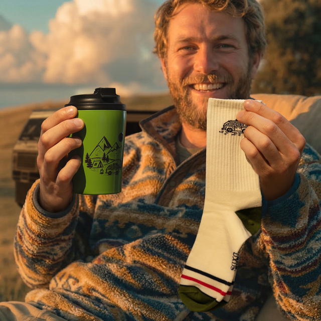 Geschenkset Socken Camper + Thermobecher