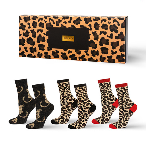 3 Paar von lustige Socken mit Leopard Motiv in einzigartiger Verpackung | Damensocken | SOXO