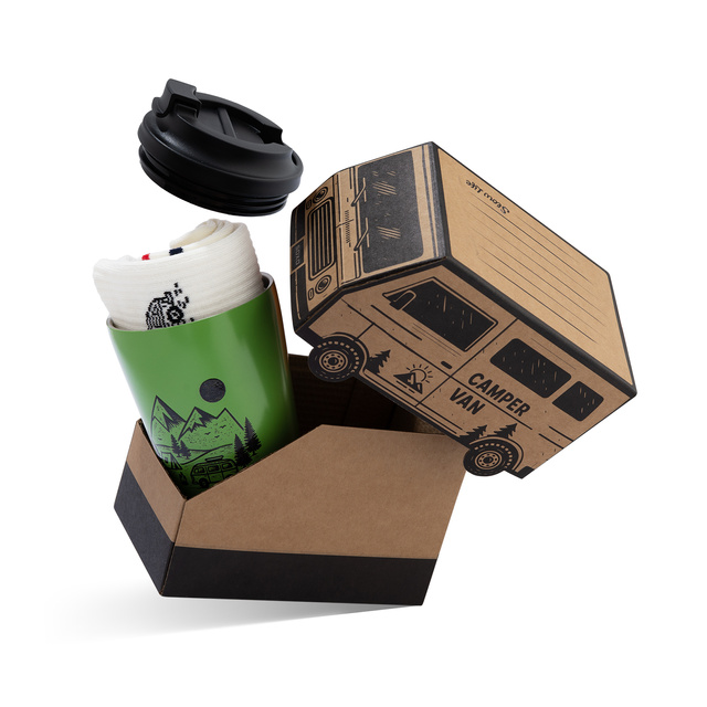 Geschenkset Socken Camper + Thermobecher