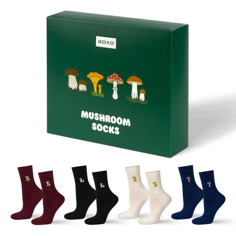 4 Paare von lustigen Socken mit Pilzmotiv in einzigartiger Verpackung | Damensocken | SOXO