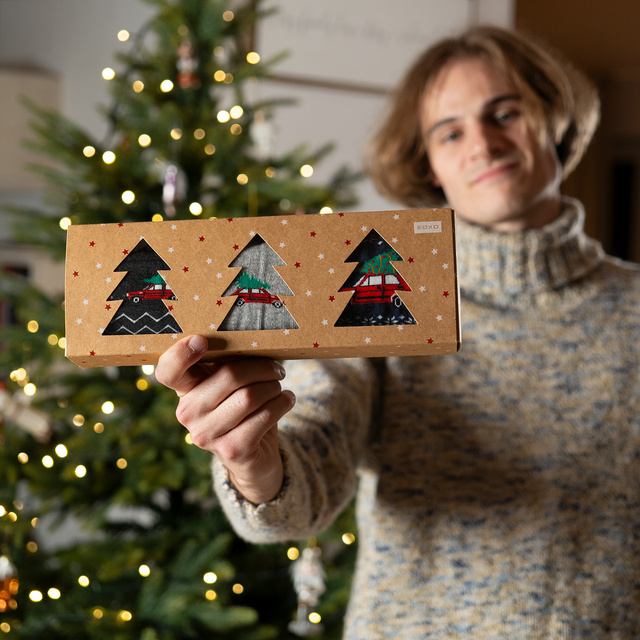 3 Paare von lustige Socken mit Weihnachtsautos-Motiv in einzigartiger Verpackung | Herrensocken | SOXO