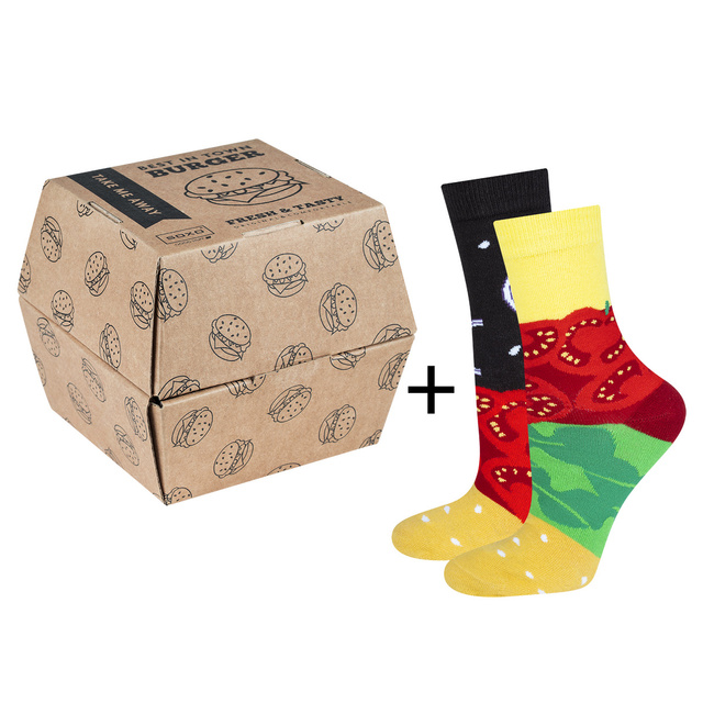 1 Paare von lustigen Socken mit Hamburgermotiv in einzigartiger Verpackung | Damensocken | SOXO