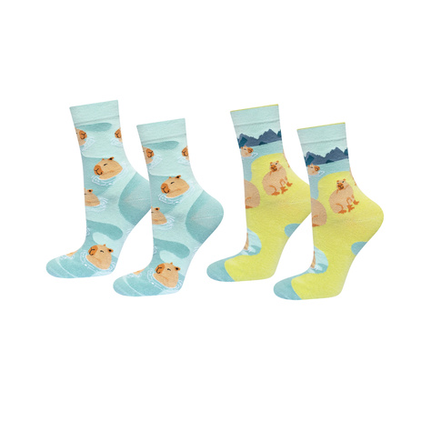 2 Paar von lustigen Socken mit Capybara im Wasser-Motiv | Damen-/Herrensocken | SOXO