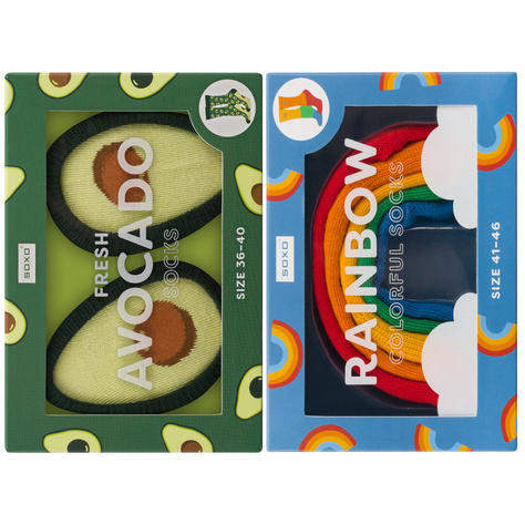 Set 2x SOXO für Damen | SOXO für Herren | Avocado Socken in einer Box | Regenbogen Socken in einer Box | Lustige Socken für Sie | Unisex für Ihn | Perfekt für ein Geschenk 