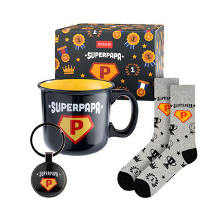 Set Socken Super Papa-Motiv + Tasse + Schlüsselanhänger