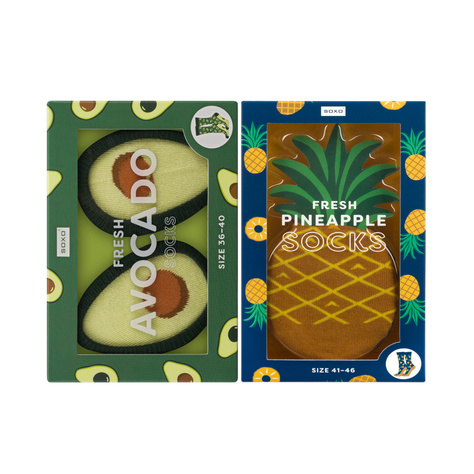 Set mit 2x  Damen-/Herrensocken | Ananas + Avocado in einzigartiger Verpackung | SOXO