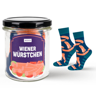Socken mit Würstchen-Motiv im Glas