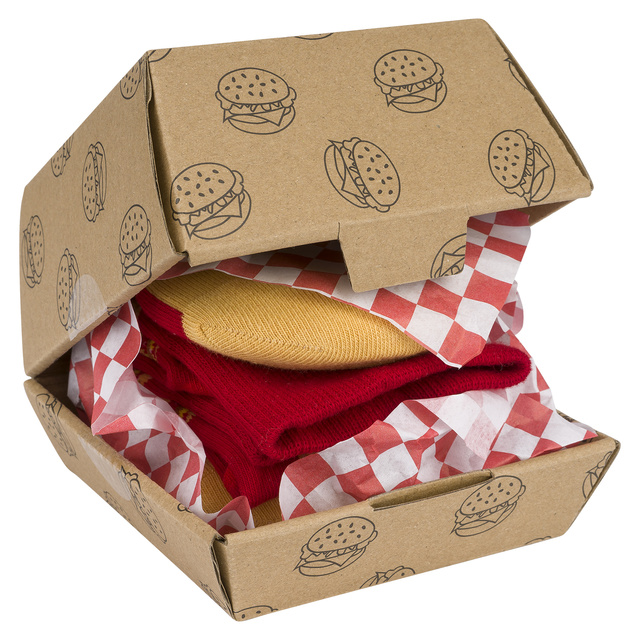 3 Paar von lustigen Socken mit Wrapmotiv und Hamburgermotiv  in einzigartiger Verpackung | Damen-/Herrensocken