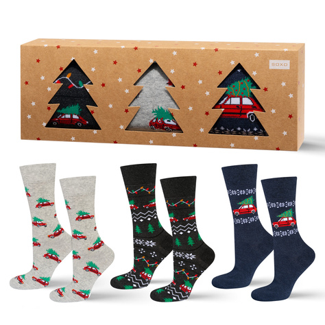 3 Paar von lustigen Socken mit Weihnachtsautos-Motiv in einzigartiger Verpackung | Herrensocken | SOXO