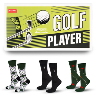 3 Paar von lustigen Socken mit Golfmotiv in einzigartiger Verpackung | Herrensocken | SOXO
