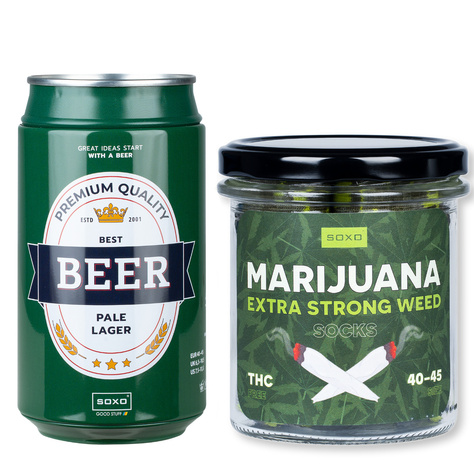 Set 2x SOXO Herrensocken | Jungentag | Marihuana in einem Glas | Bier Helles Lagerbier in der Dose | für ein Geschenk für ihn