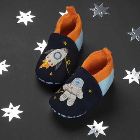 Marineblau Babyhauschuhe SOXO mit Astronaut und Rakete