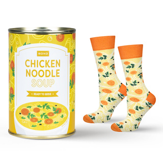 Socken mit Chicken Noodle Suppen-Motiv in Dose