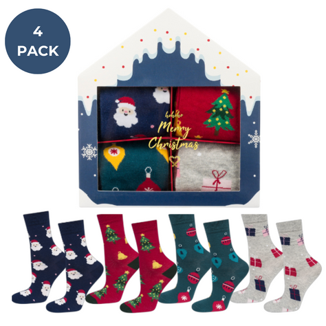 4 Paar von lustigen Socken mit Weihnachtsmotiv in einzigartiger Verpackung | Damensocken | SOXO