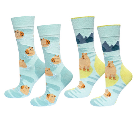 2 Paar von lustigen Socken mit Capybara im Wasser-Motiv | Damen-/Herrensocken | SOXO