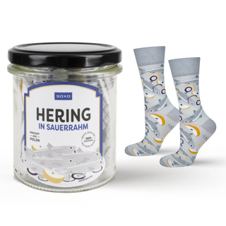 Socken mit Hering-Motiv im Glas