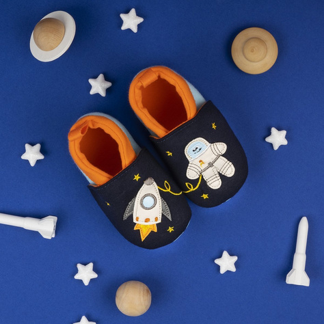 Marineblau Babyhauschuhe SOXO mit Astronaut und Rakete